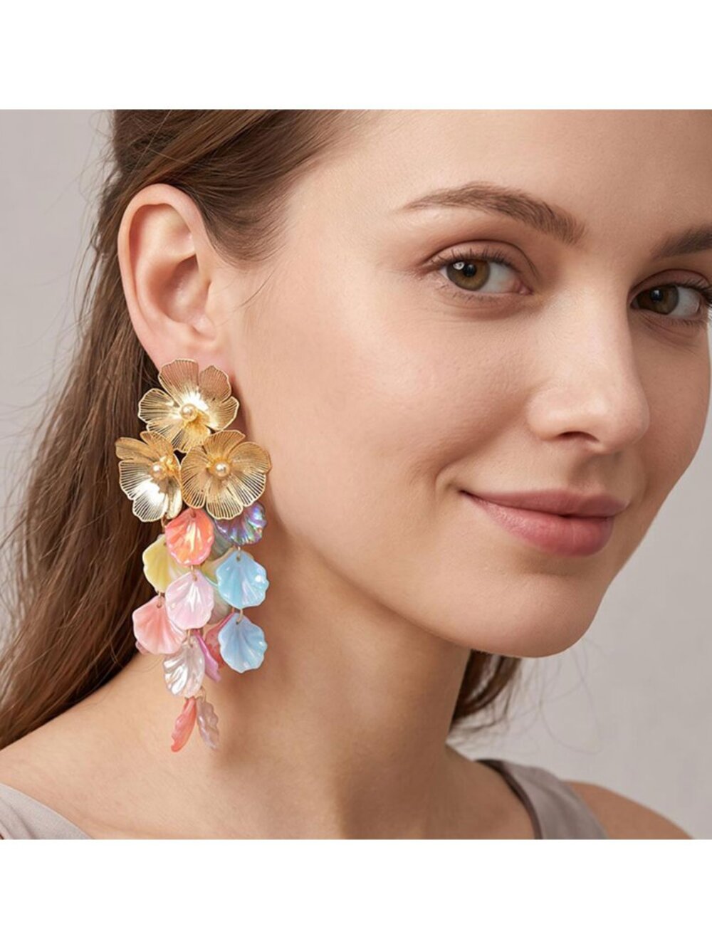 Tigerstars Colorful Petal Link Drop Fringe Floral Statement Earrings